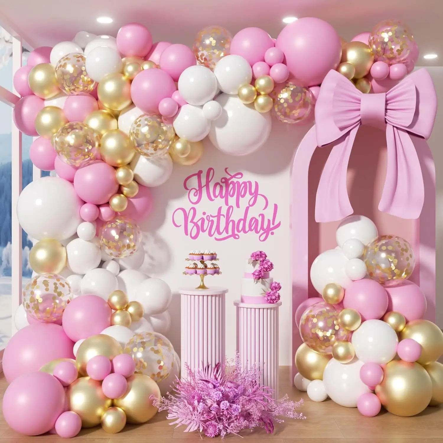 Rosafarbenes Ballonbogen-Set mit rosa goldfarbenen weißen Luftballons eignen sich für Geburtstagsfeiern, Hochzeiten, großflächige Themenveranstaltungen