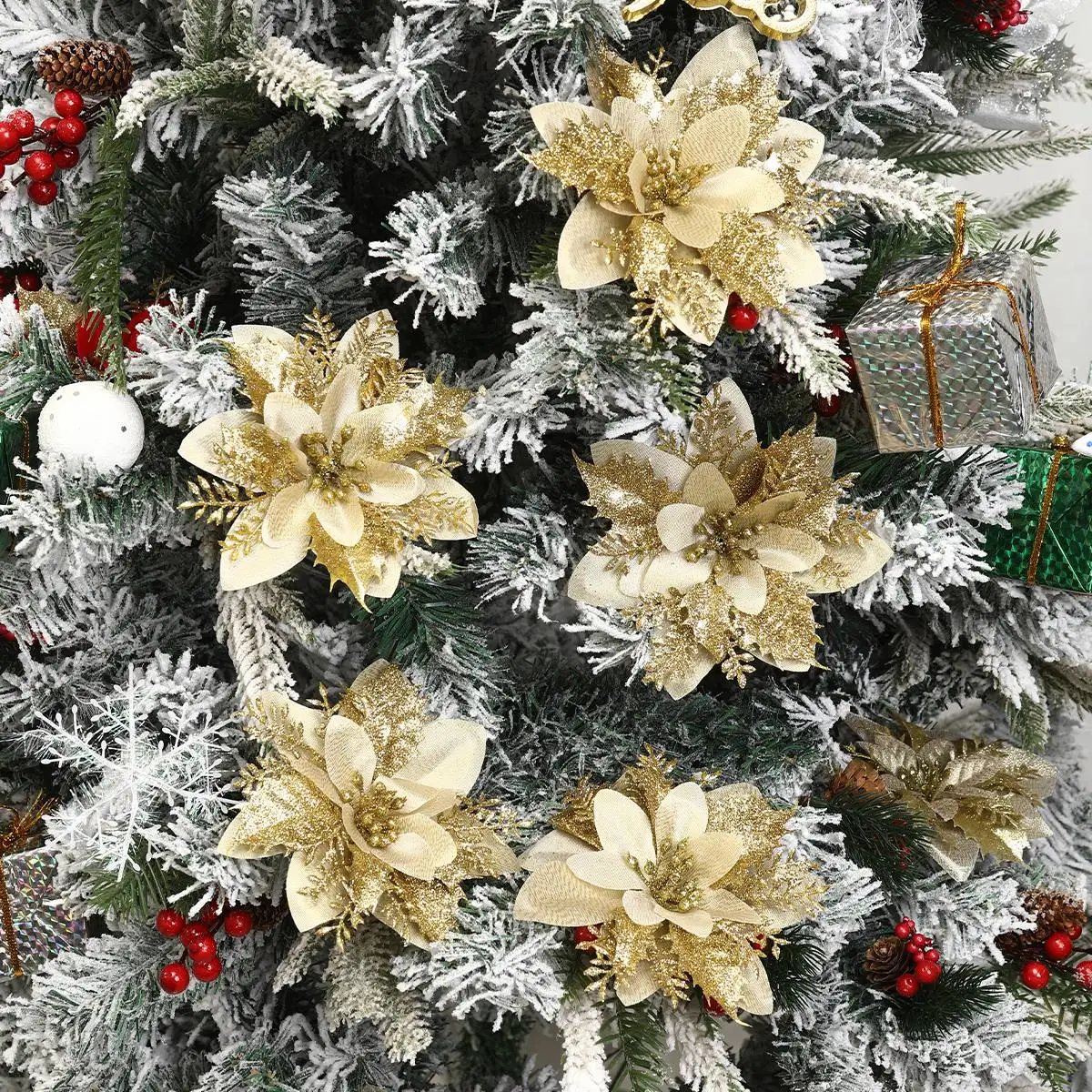 Weihnachts-Glitzerblumen, künstliche Blumen, Weihnachtsbaumschmuck für Zuhause, 2025, Baum-Anhänger, Ornamente, Navidad, Neujahr 2026, Geschenk – Detail 11