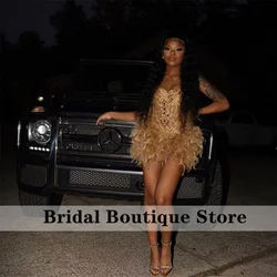 Sparkly Gold Short Prom Dress 2024 Glitter Bead Crystals Feathers Cocktail Gown Birthday Party Gown Homecoming Customized