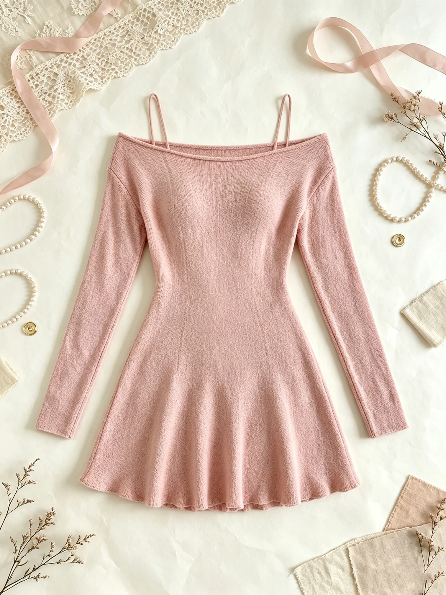 Damen-Freizeitkleid mit langen Ärmeln und Minirock, bequemes, einseitiges, tailliertes, einfarbiges langes Kleid – Detail 2