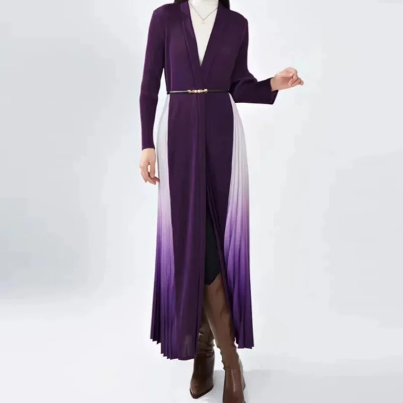 Luxurious Miyake-Inspired Pleated French-Style Maxi Coat V-Neck Elegant Waist-Cinching Gradient Hues Timeless Oriental Glamour