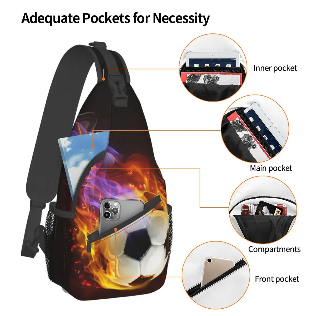 Fire Soccer-bandolera pequeña para el pecho, mochila de hombro para deportes al aire libre, mochilas de día, balones de fútbol, patrón deportivo, Satchel