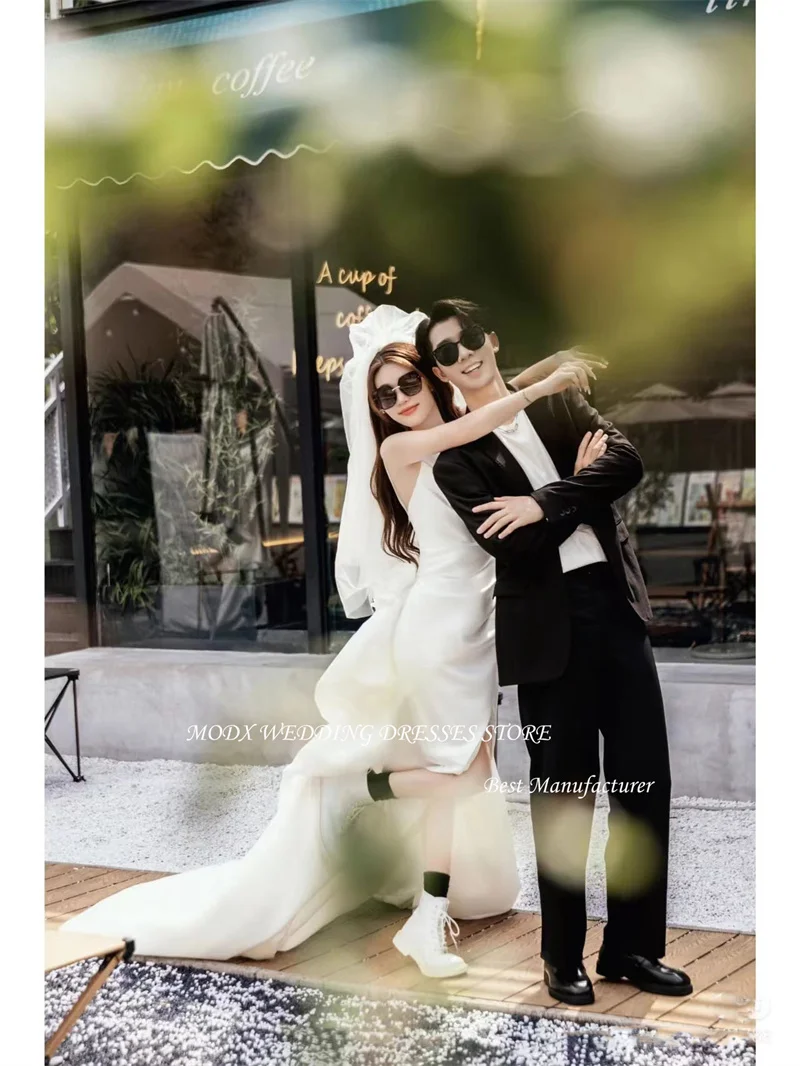 MODX Simple Soft Satin Split Wedding Dresses Straps Plain Tea-Length Short Bridal Gowns Formal Party Dress Korea Photo shoot