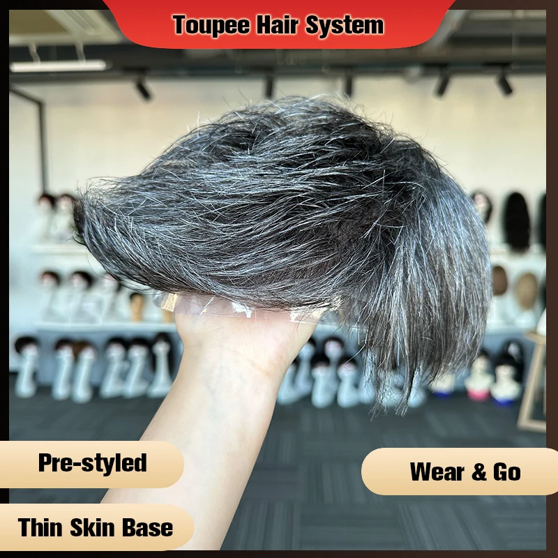 Pre Styled Thin Skin Men Toupee V-Looped Hair Replacement Systems Human Hair Men\'s Wig 1B40 PU Base Wig Hair Piece Protesis Male