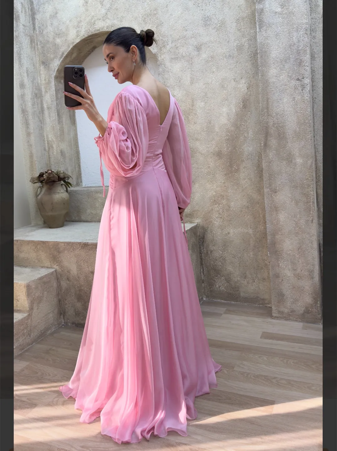 Customized Long Sleeve Pink V-Neck Evening Dresses With Slit/Flower A-Line Pleats Floor Length Prom Dress for Women