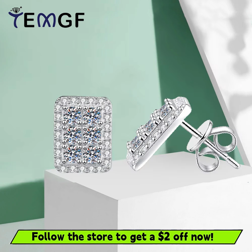 

Серьги TEMGF с муассанитом, стерлинговое серебро 925 пробы, сверкающие квадратные серьги для женщин, ювелирные изделия, модные товары для поездок на работу, сертифицированные GRA
