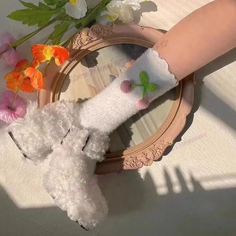 

White Fluffy Chunky High Heels Pumps Slip On Round Toe Shoes for Women Fur Marry Jane Elegant Shoes 2023 Zapatos Para Mujere