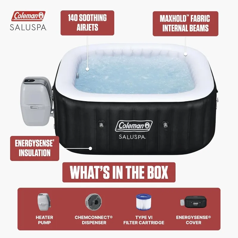 Coleman Hawaii – 140 AirJets, 4‑6 person, square, energy‑smart. Your outdoor spa in a box (71″ x 28″).