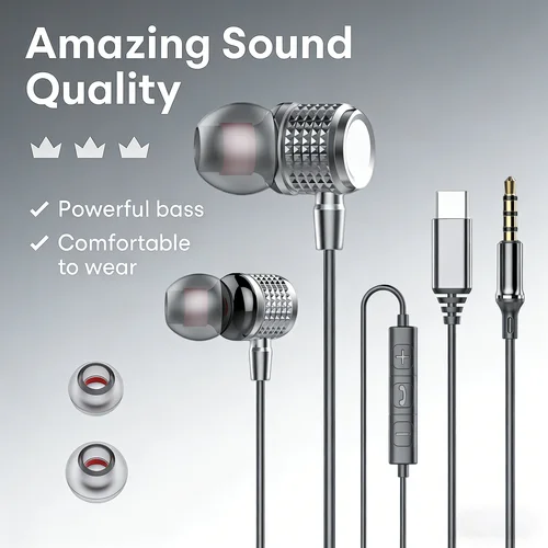 Auriculares USB tipo C, auriculares intrauditivos de graves pesados de Metal con reducción de ruido, auriculares con cable de 3,5mm y micrófono para Samsung Galaxy iPhone