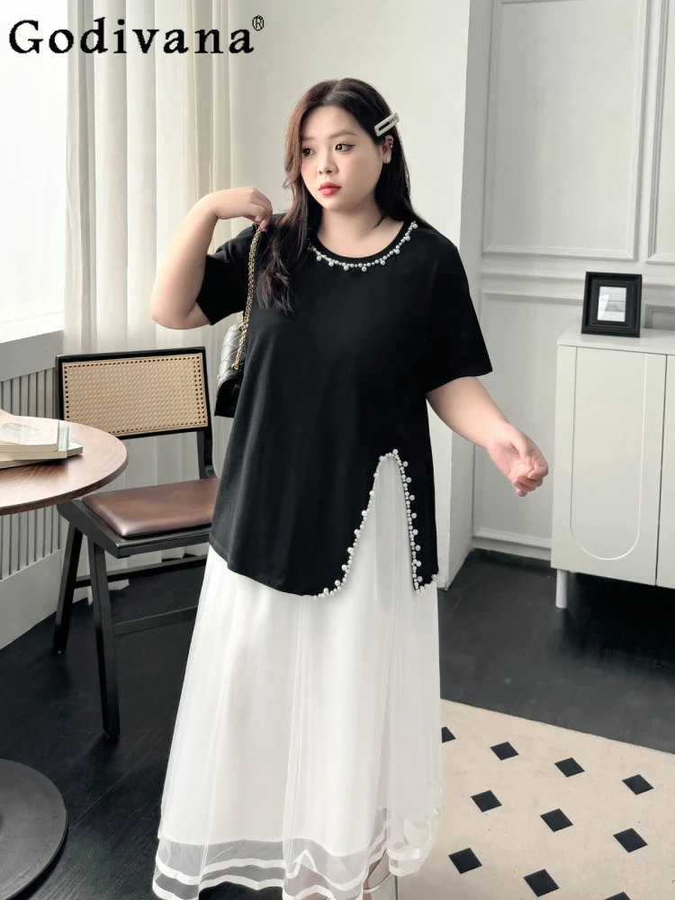 

Girl Large Size Gentle Bead Round Neck Short Sleeve T-shirt Summer Split Irregular Leisure Versatile Loose Korean Versatile Top