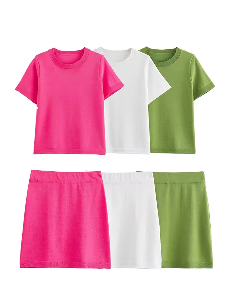 

TRAFZA Summer Female Fashion 2 Piece Set Solid 3-color Short Sleeve O-Neck T-shirt Top+Elegant Mini Skirts Streetwear Mujer