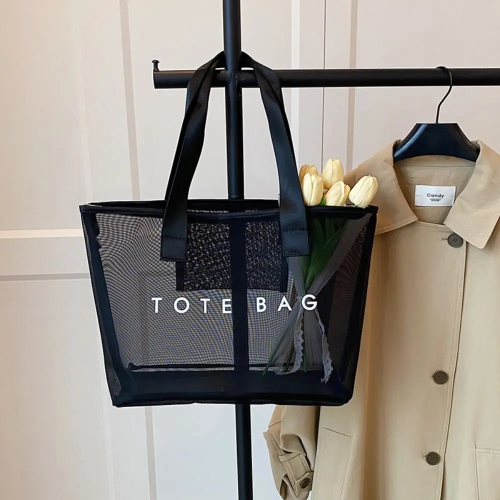 

Reusable Transparent Mesh Tote Bag Zipper Large Capacity Swimming Handbag with Handle Storage Pouch Shopping Shoulder Bag Girl