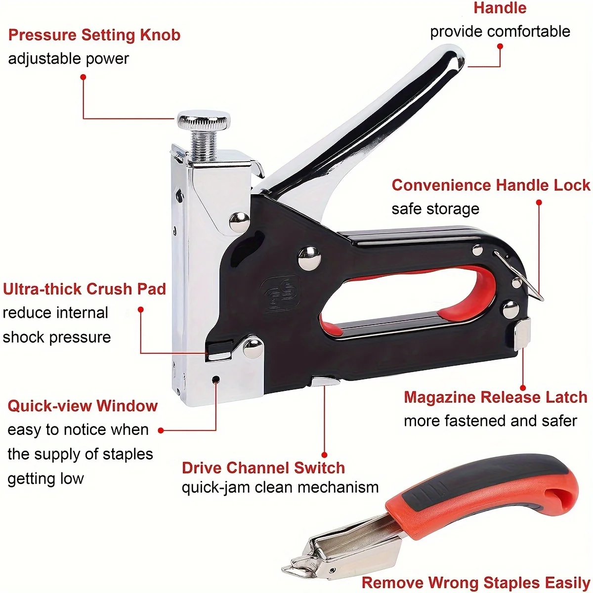 4 in 1 Upholstery Staple Gun, Remover, Gloves, Adjustment Stapler Gun for Wood, Upholstery, Carpentry, Decoration DIY Staple Gun