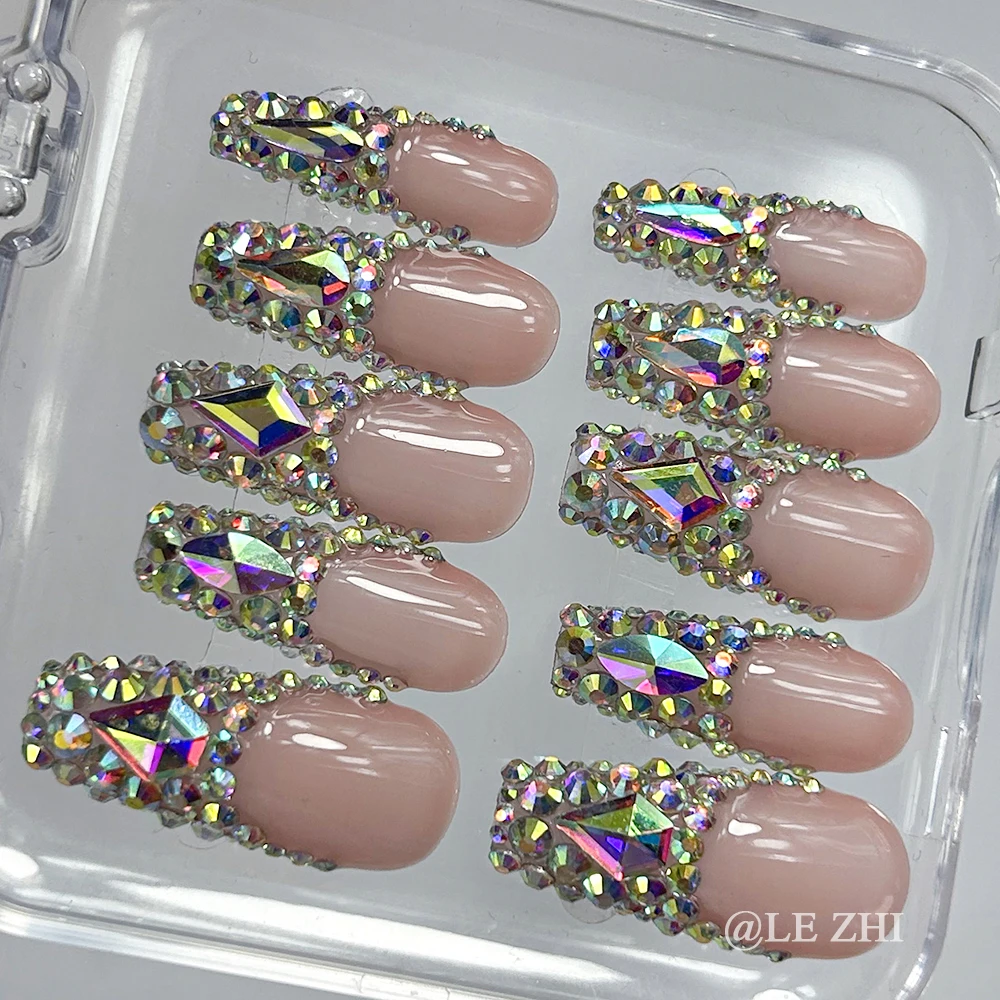 

French AB Diamond Short Coffin Stilettos Cuspidal Full Coverage Nails Flicker Handmade Nude High-end Custom Press on Nails Art