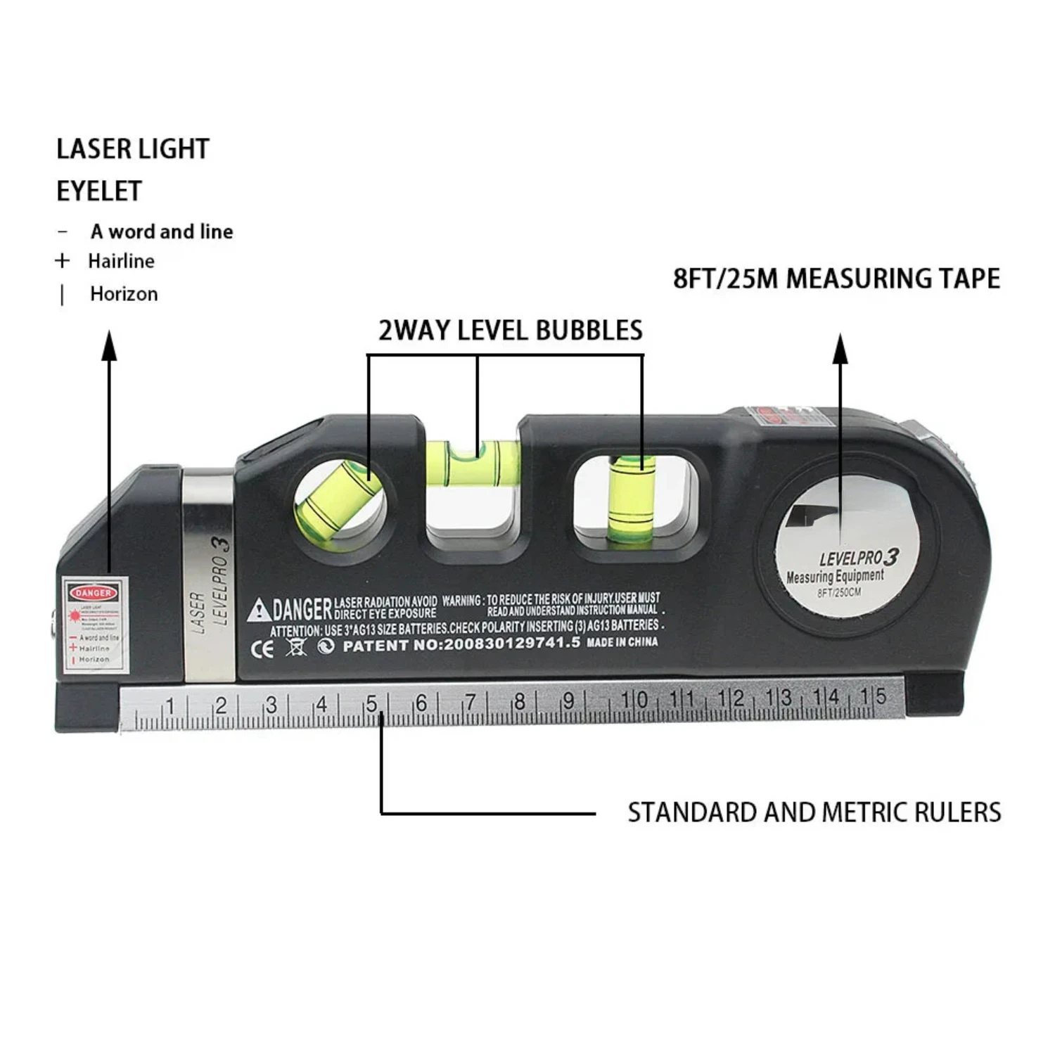 8FT/25m Laser Level Horizon Vertical Measure Aligner  And Metric Ruler Multipurpose Measure Level Laser