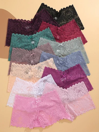 Imagen 2 del producto 12 Uds. Bragas sexis de encaje para mujer, pantalones cortos con cintura en V, bragas nuevas de Color sólido, ropa interior femenina de tiro bajo, lencería suave transpirable