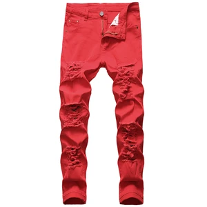 Herrenjeans mit zerstörter, monochrom, dünn, das alles kombiniert, High Street, Hip -Hop -Hosen, Rot, Weiß, große Größe, Gezeitenmarke 8 Hauptverkaufshosen mit Eröffnung - №6