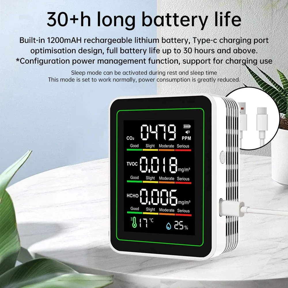 

5 in 1 Air Quality Monitor CO2 Detector HCHO TVOC Temperature Humidity Tester Automatic Display Indoor Office Air Tester