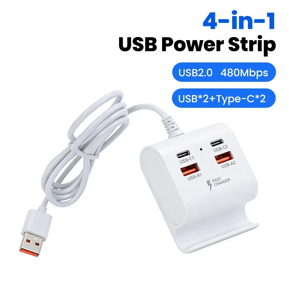 USB Type C Fast Charging Power Strip 4 in 1 Socket Dock Station 2USB 2Type C Hub Adapter with Mobile Phone Holder