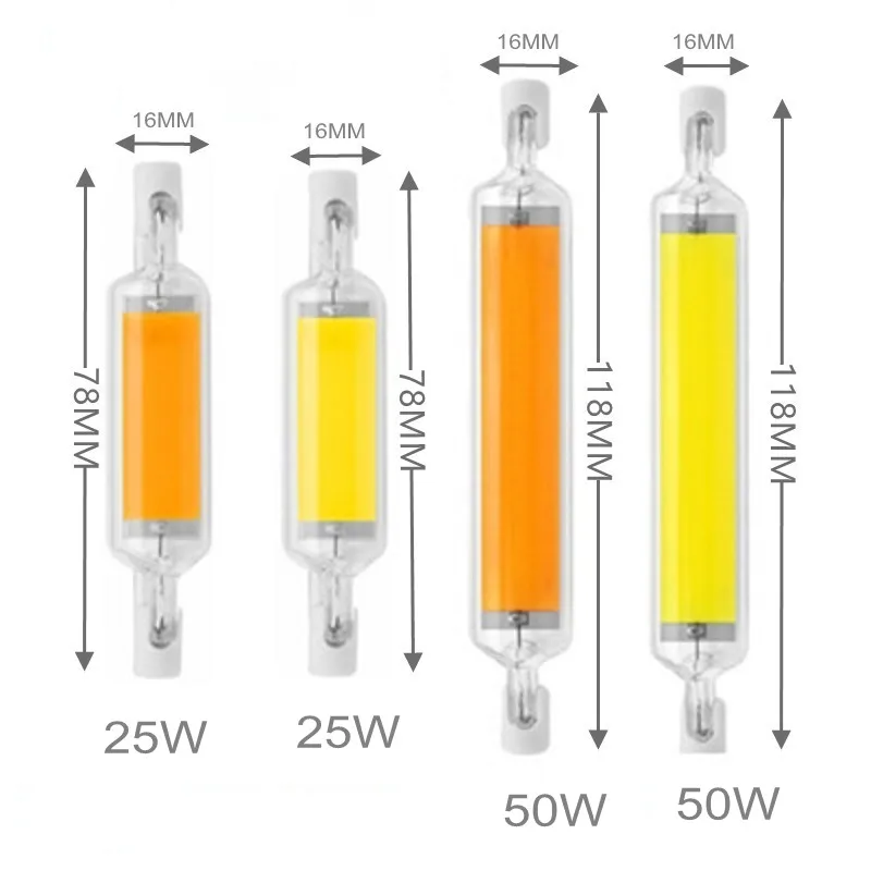 Foco potente LED R7S superbrillante, 118MM, 50W, 78MM, 118MM, AC220V, 110V, COB, tubo de vidrio, reemplazo de lámpara halógena