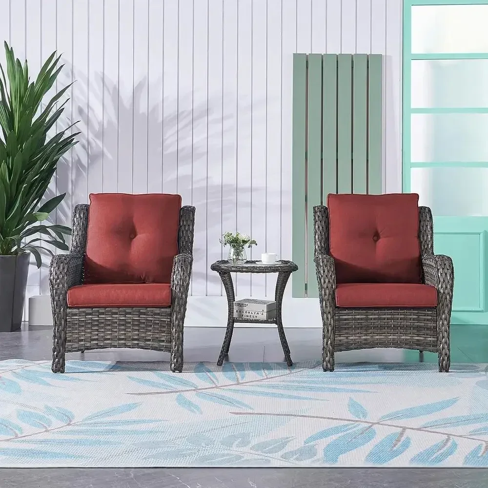 2-Piece Outdoor Wicker Rattan Chairs Set with High Back and Deep Seating for Patio, Deck, Porch, or Garden (Mixed Grey/Red)