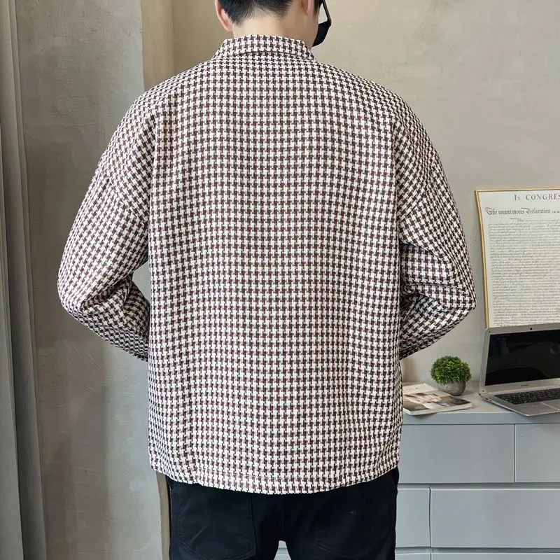 Spring Autumn Fashion Houndstooth POLO Collar Men's Clothing Long Sleeve Shirts Drawstring Chaopai Korean Loose All-match Tops