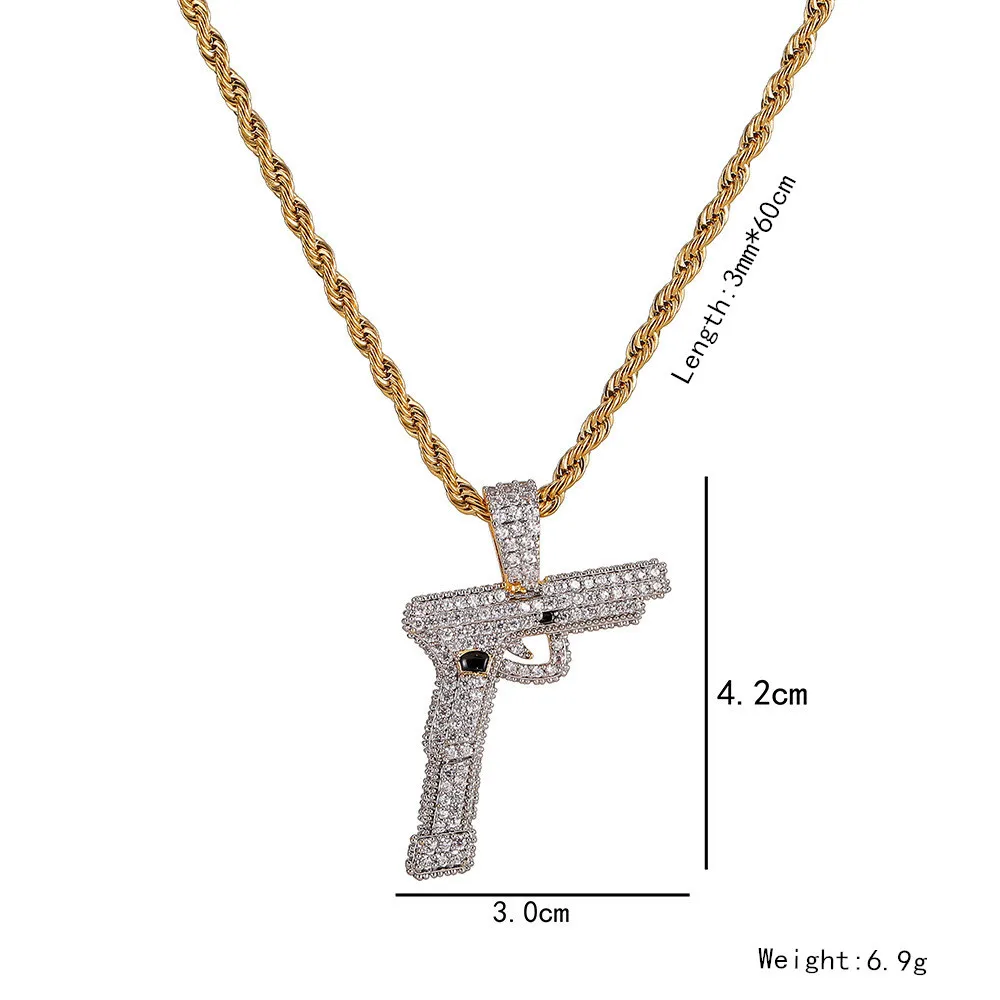 Hip Hop Micro Paved AAA Cubic Zirconia Bling Ice Out Automatic pistol Gun Pendants Necklaces for Men Rapper Jewelry Gold Color