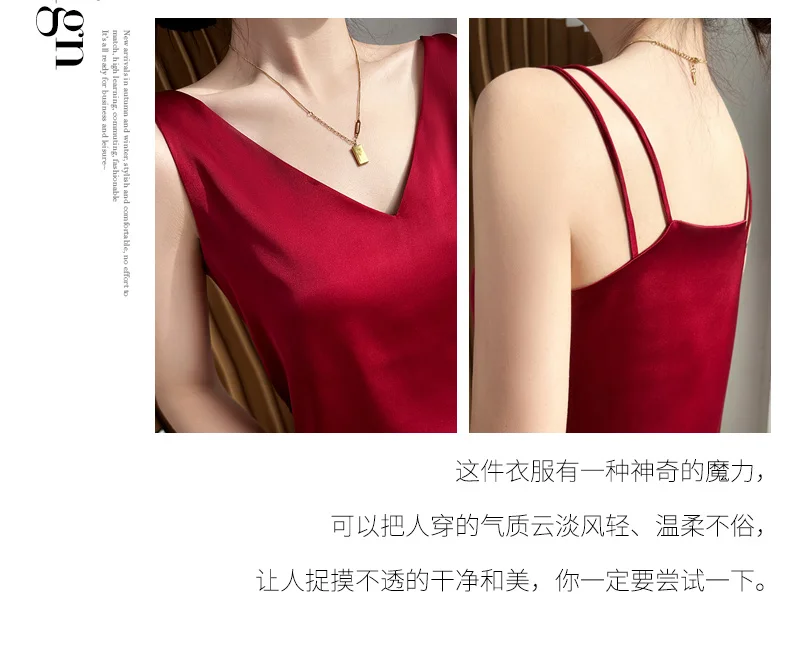 Seidensatin-Damen-Tanktop mit doppelter Schulterpartie, V-Ausschnitt, ärmelloses Top, T-Shirt, elegantes Crop-Top, solide, lässig, Basic, 2025, Sommer – Detail 5