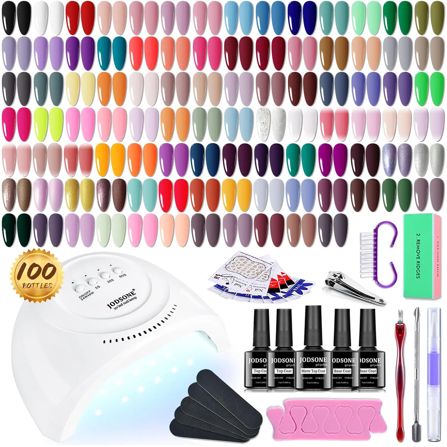 Kit de esmalte de uñas de gel de 100 botellas con lámpara LED UV, 95 colores que incluyen brillos, base y abrigos superiores para manicura duradera