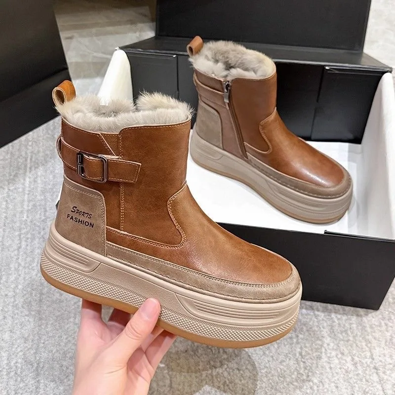 

Женские зимние ботинки, новые стильные повседневные теплые плюшевые ботинки на толстой подошве с круглым носком, удобная нескользящая зимняя хлопковая обувь