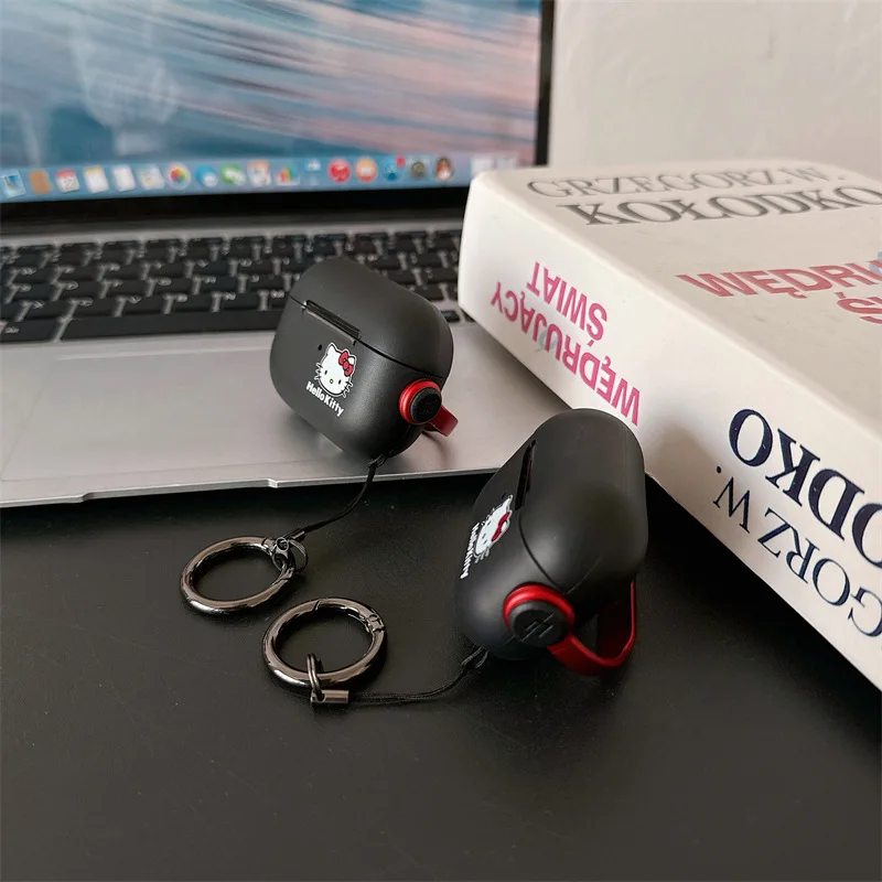 ハローキティ-AirPodsPro 2用の黒いシリコンケース,女の子と女性用のBluetoothヘッドセット保護