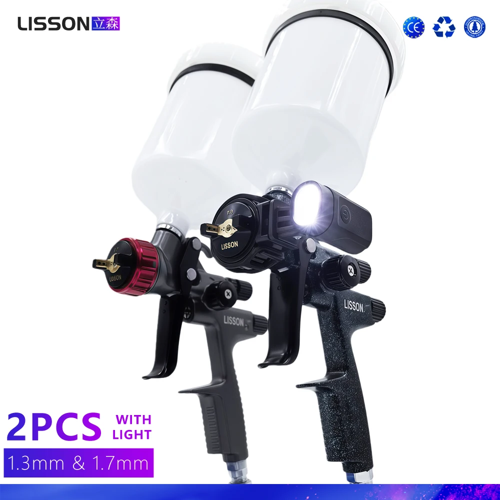 2PCS HVLP Spray Guns Set with LED Spray Light – Caliber 1.3mm & 1.7mm, 600ml Cup, for Auto Body, Wood & Water-Based Paint