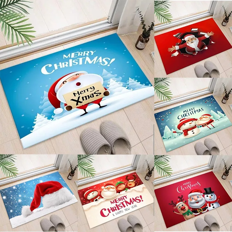 Christmas Themed Door Mat with Santa Claus Elk Snowman Pattern Non Slip Absorbent Indoor Outdoor Welcome Mat for Home Decor