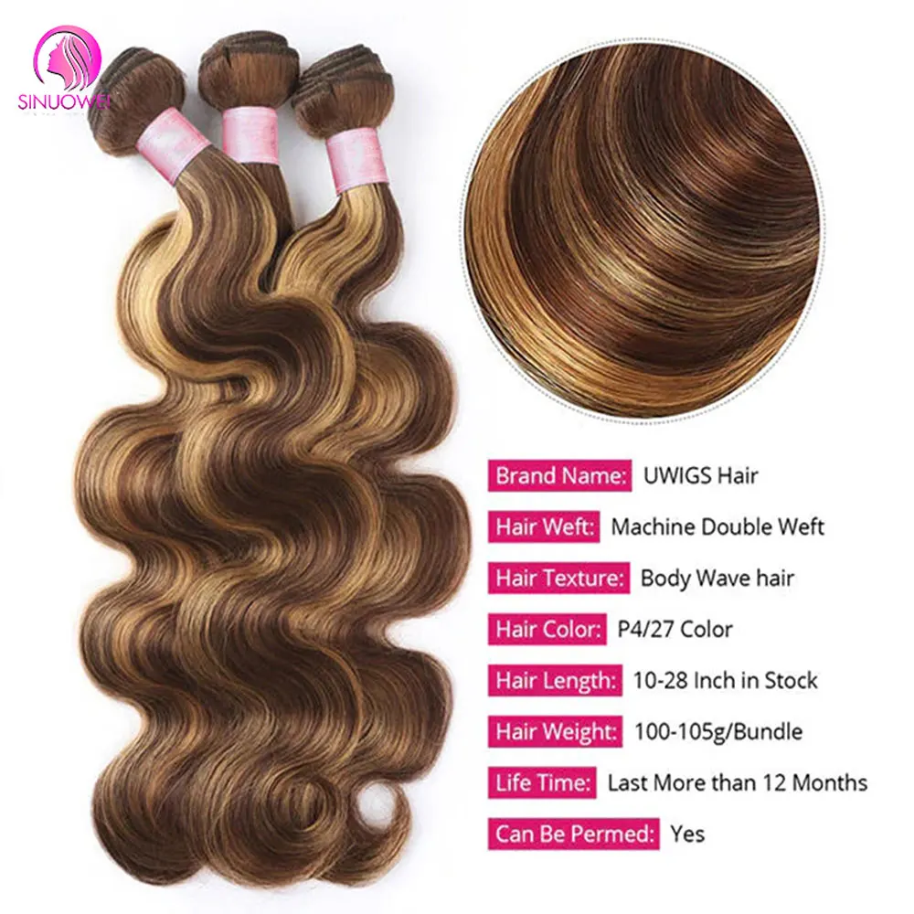 Bundles brésiliens de cheveux humains Body Wave, Extensions de cheveux Remy colorés, Highlight Bundles, 4/27 Honey Blonde, 3/4 PCs, Richesse