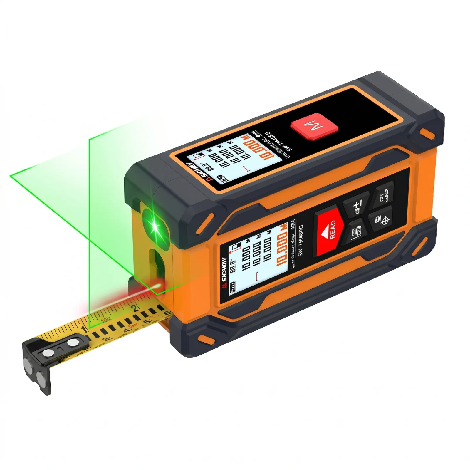 

SNDWAY 4-in-1 Laser Distance Measure with Tape, Dual-Sided Color Screen, Green Laser Level, Steel Tape Multi-Mode Measuring Tool