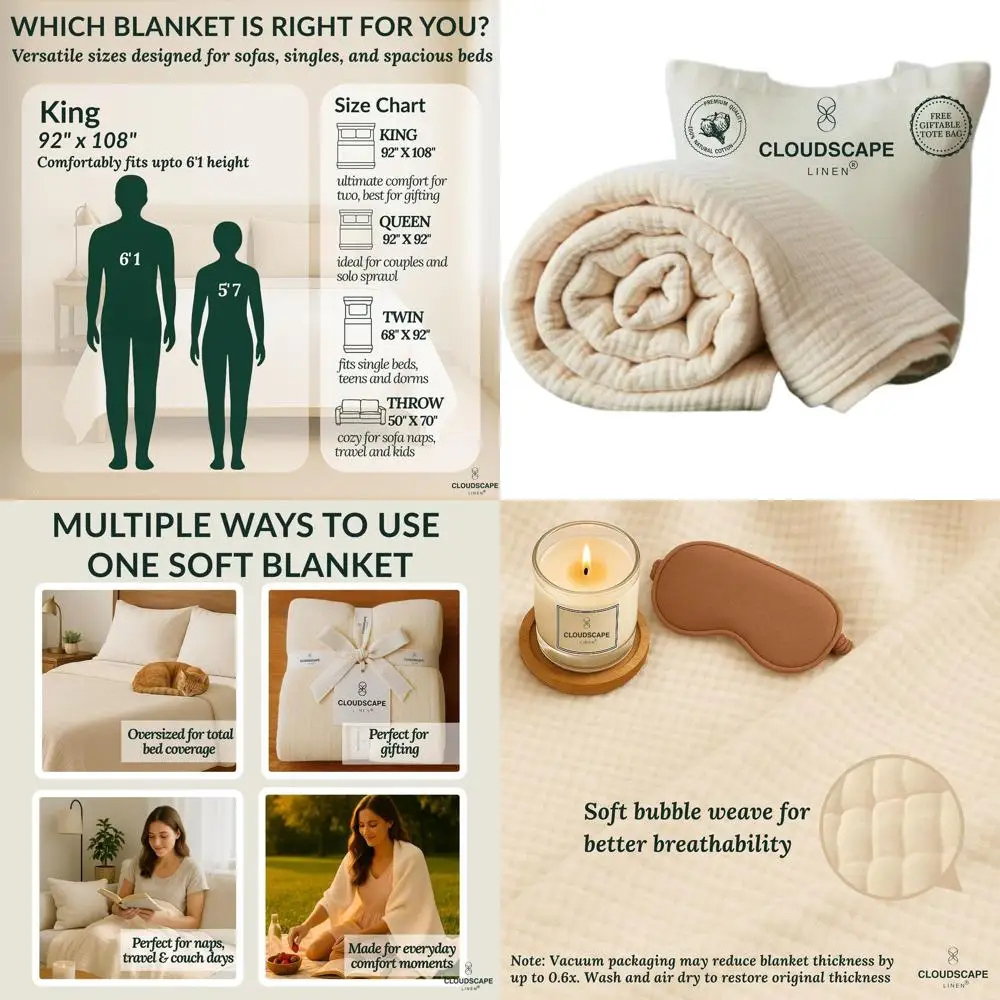 Manta extragrande de muselina de algodón 100% tamaño King, edredón de gasa suave de 4 capas, adecuado para camas Calking, ropa de cama de color marfil para todas las estaciones