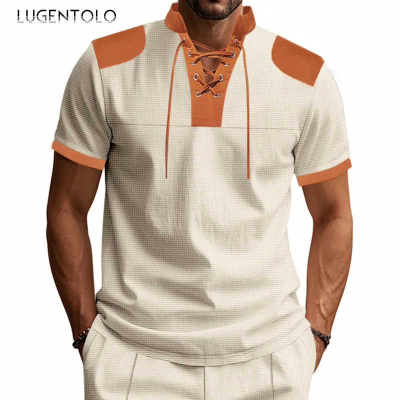 Men Casual Tank Tops Outdoor Waffle Pattern Sleeveless Breathable T-shirt Color-block Lace-up V-neck Fashion Street Sports Top