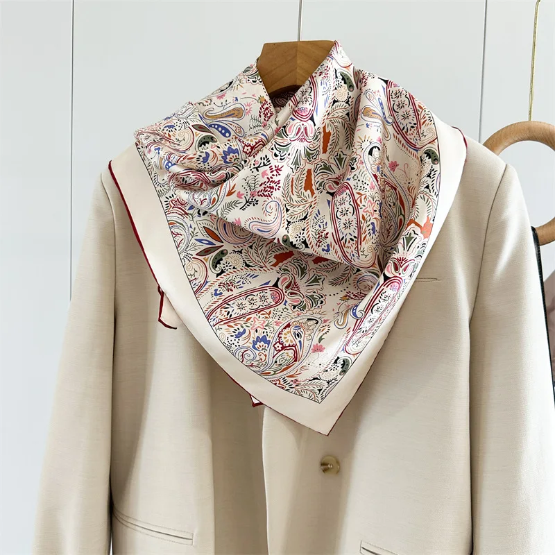 ペイズリープリント 100% シルクスカーフ ネッカチーフ ラージスクエアヘッドスカーフ ヒジャブ ヘアラッピング用 35インチX35インチ