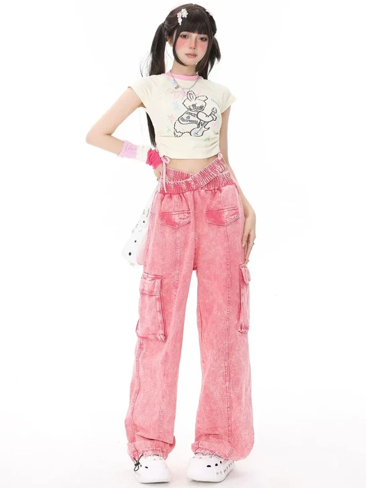 ADAgirl-calças jeans largas para mulheres, streetwear hip-hop, estilo rosa coreano, calças jeans de cintura alta, calças casuais, moda Harajuku, Y2K