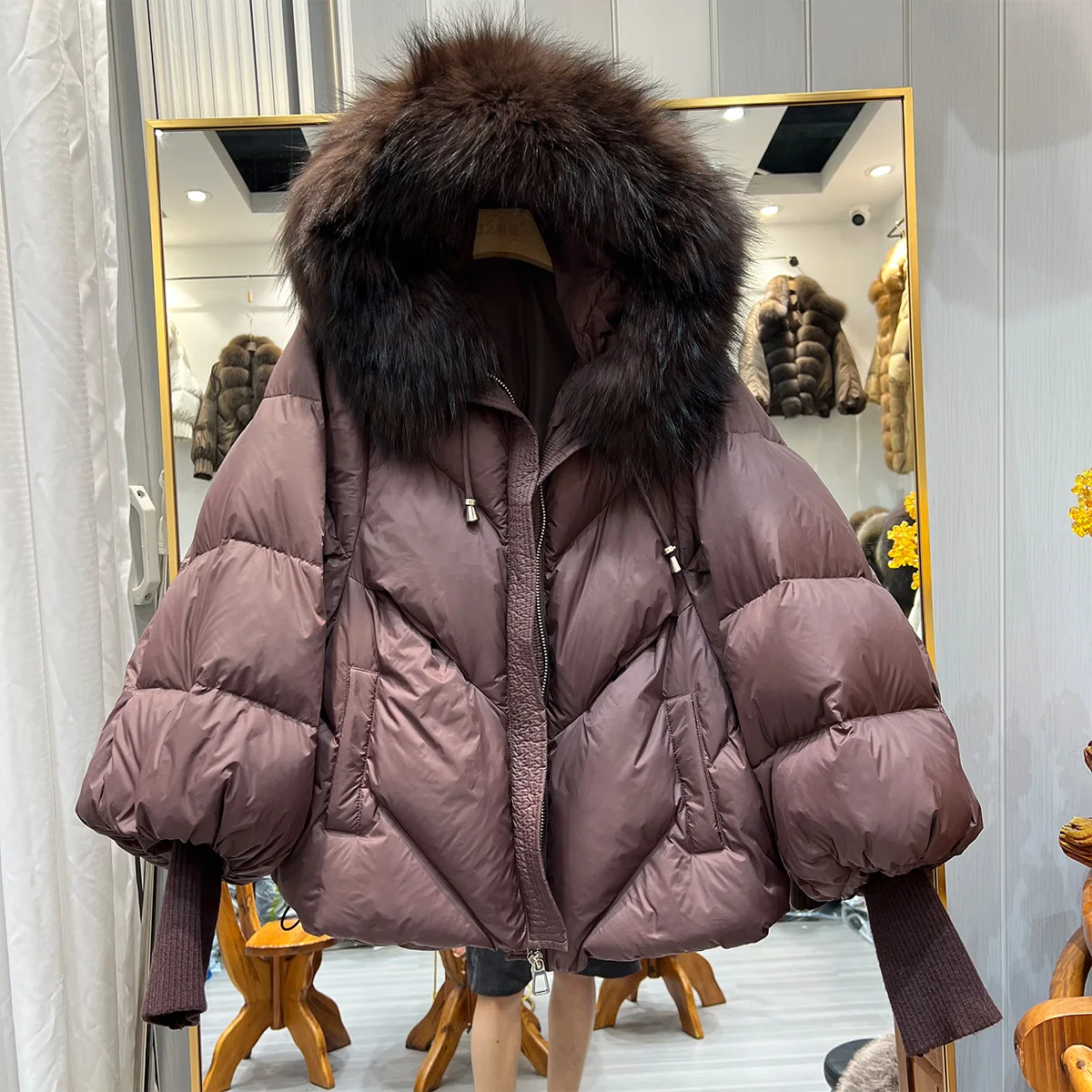 Puffer Coat Women Knit Sleeve White Duck Down Jacket Padded Outwear Ladies Casual Thicken Parkas Jacket Winter Fur Collar