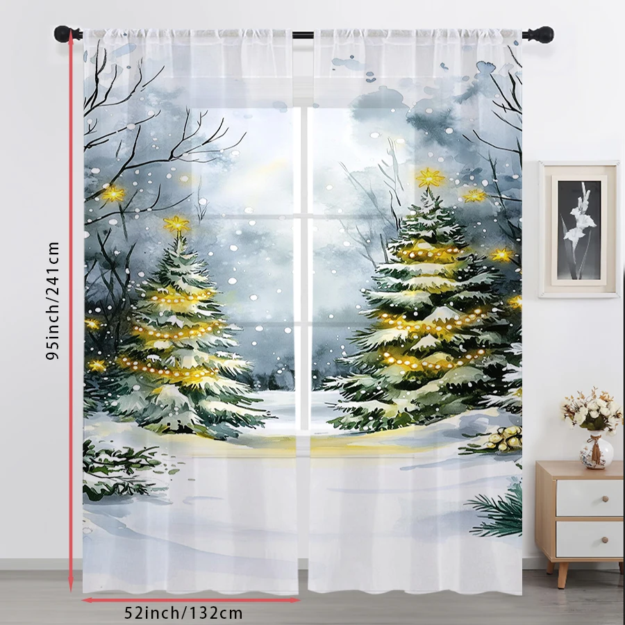 2PCS Sheer Curtains Watercolor Christmas Tree Light Snow Print, Window Voile Panels for Bedroom Living Room Xmas Home Decor view 6