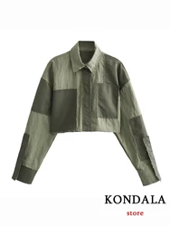 KONDALA Chic Trendy Olive Green Cropped Cool camicetta patch colletto tasca tessuto leggero 2023 autunno nuove donne camicie corte