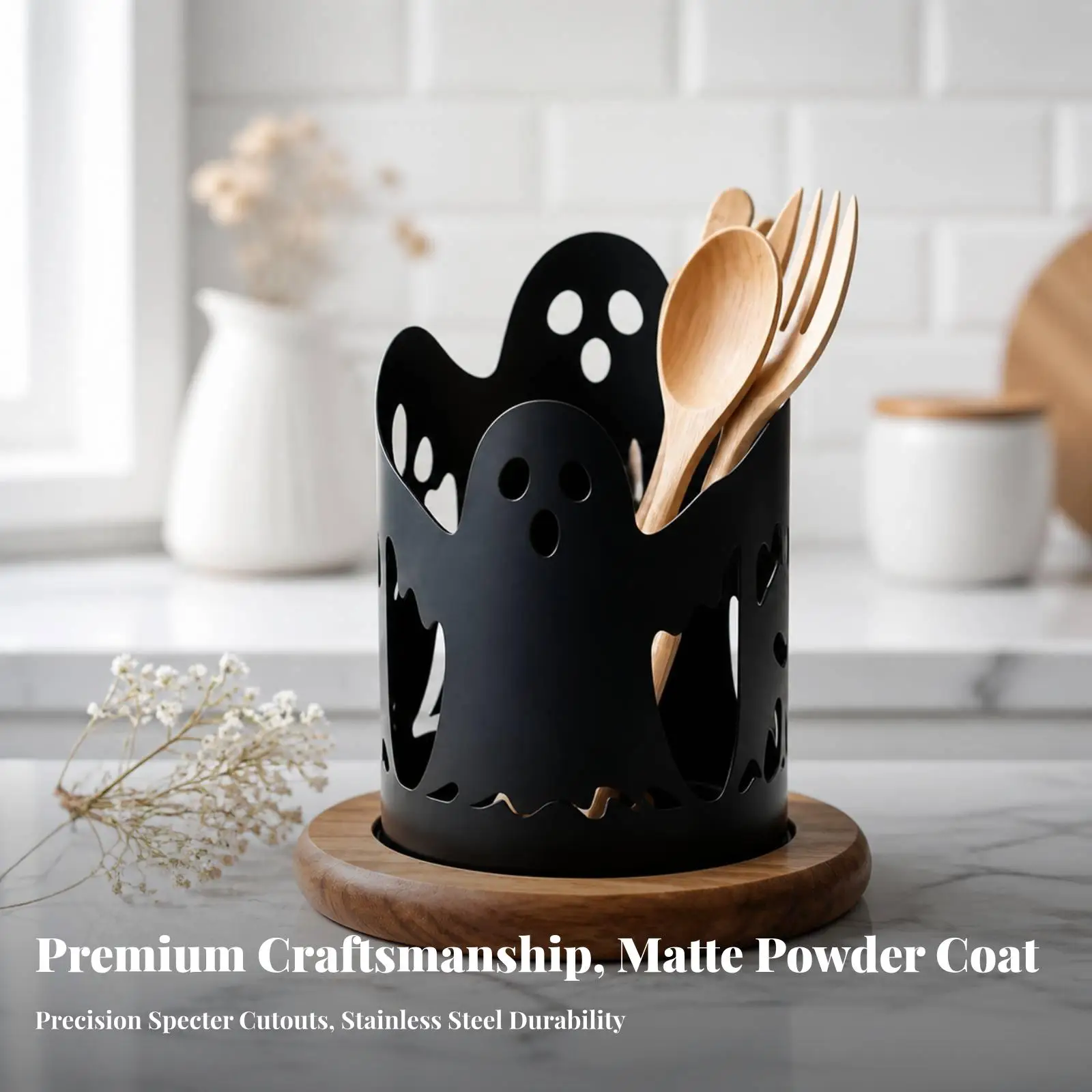 Utensil Holder with Wooden Base | Stainless Steel Body, Space-Saving Compact Size, spooky Utensil holder, for Halloween Party