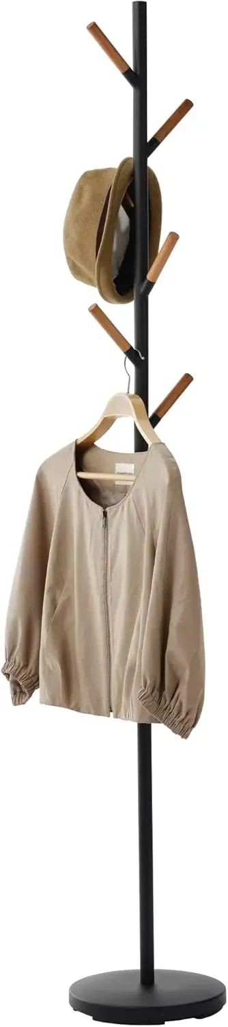 

Home Plain Freestanding Coat Hanger Rack With Wooden Hooks, Space Saving, 70" - Steel