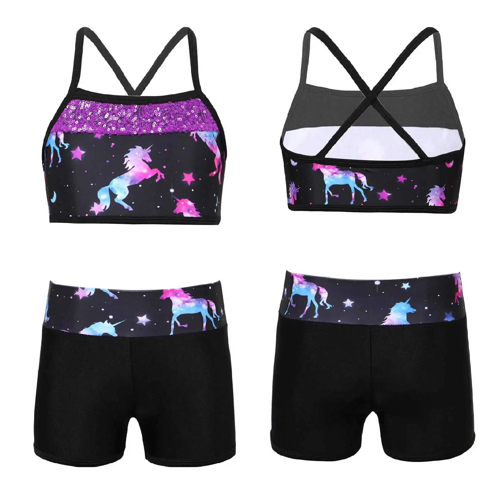 Kids Girls Sports Clothes Sets Ballet Outfit Sleeveless Mermaid Rhinestones Crop Top + Shorts for Dancing Gymnastic Workout Suit