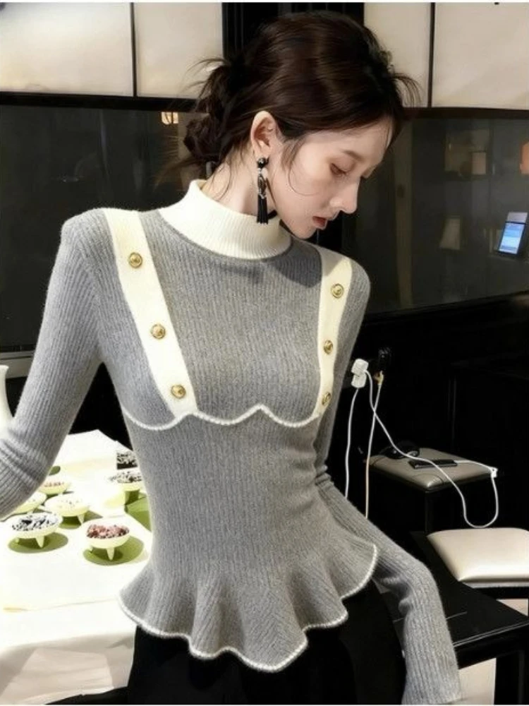 Autumn Gray Spliced Knitted Top with A Niche Design and A Small Fragrant Lotus Leaf Edge Sweater