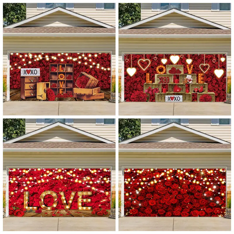 

February 14th Valentine's Day Garage Door Banner Backdrop Red Rose Love Heart Wedding Party Garage Door Outdoor Courtyard Decor