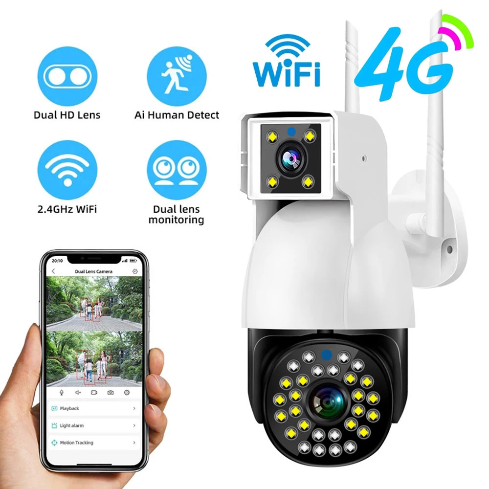 

4G WiFi IP Camera PTZ Outdoor Waterproof Camera Dual Lens Auto Tracking Smart Home Security Protection CCTV Network Webcam V380