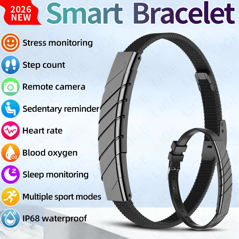 

2026 NEW Smart Bracelet Fashion Sports Tracker Stress Blood Oxygen Heart Rate Monitor Remote Camera Waterproof Men Smart Watch