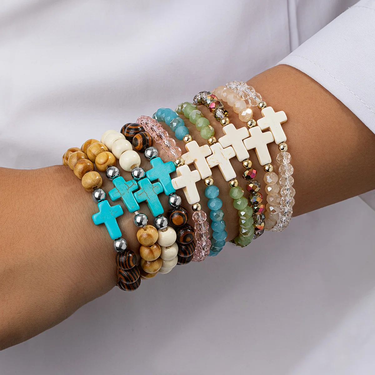 Bohemian Style Multi-Layer Beaded Bracelet Set, Cross Natural Stone Stretch Bracelet